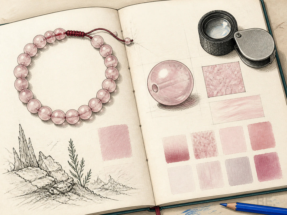 Illustrated Rose Quartz bracelet inspection with round beads, drill path, loupe and neutral-light colour observations