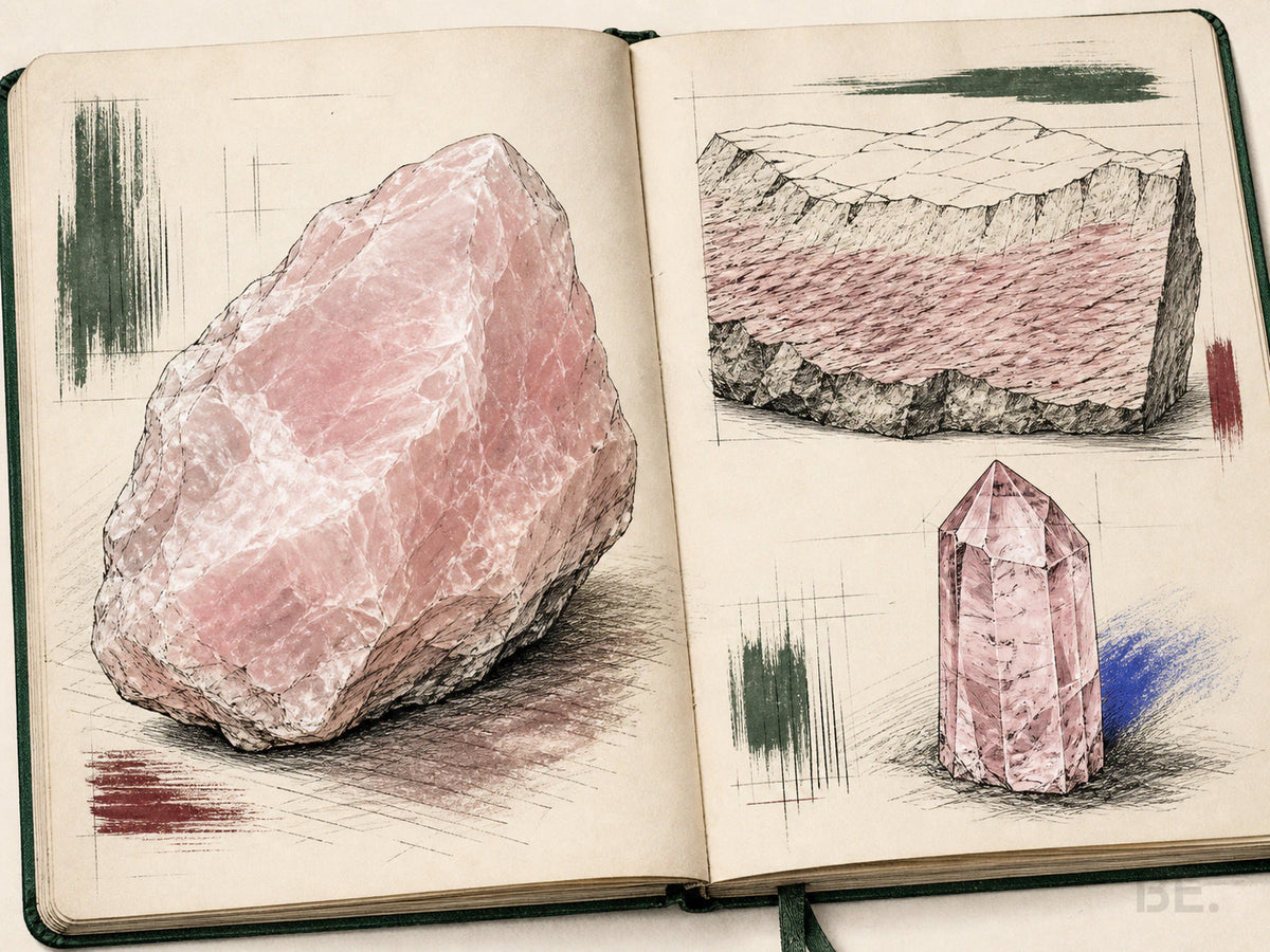 Illustration von massigem Rosenquarz, ausgerichteten Nanofasern und einem getrennten transparenten rosa Quarzkristall