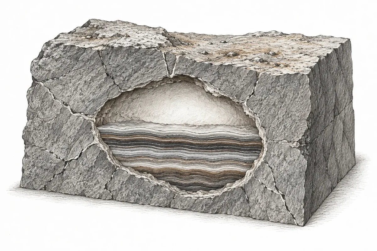 Illustrated geological cutaway for a cavity-filling banded silica pathway
