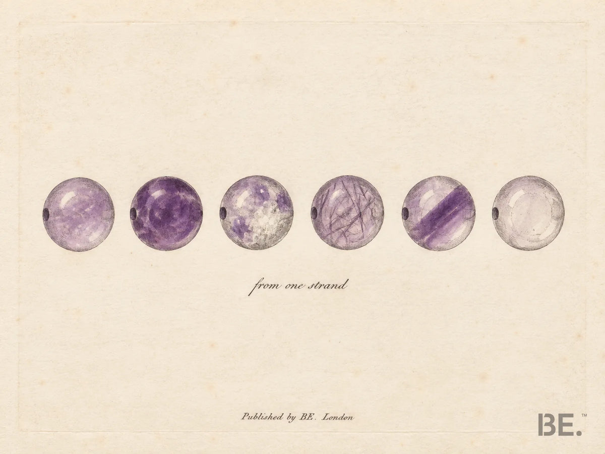 Six amethyst beads from one strand drawn side by side, each with different colour zoning, clarity and inclusions