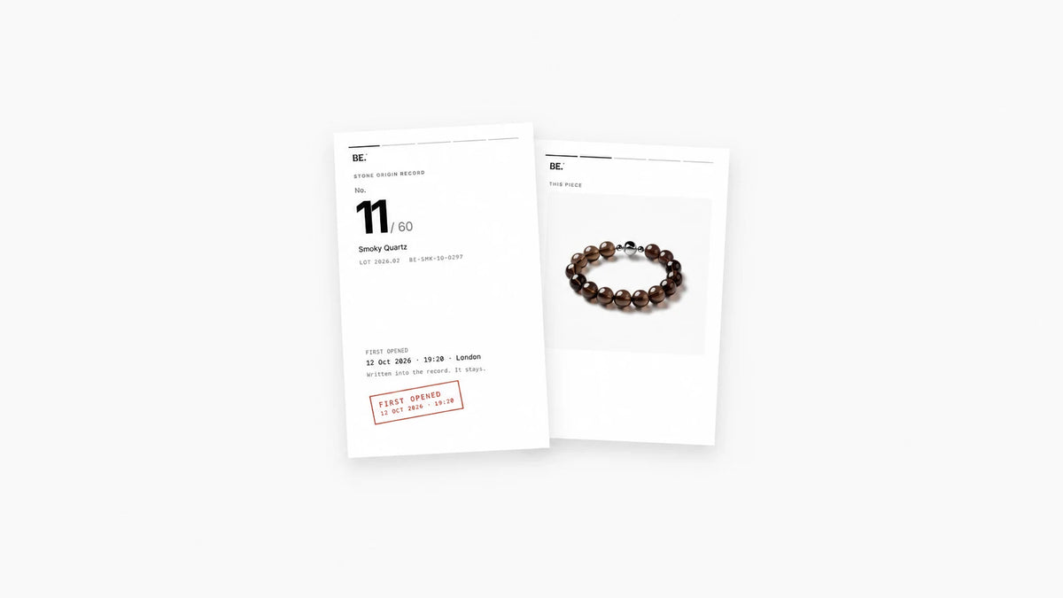 Two overlapping pages of a smoky quartz Stone Origin Record, showing the cover and bracelet
