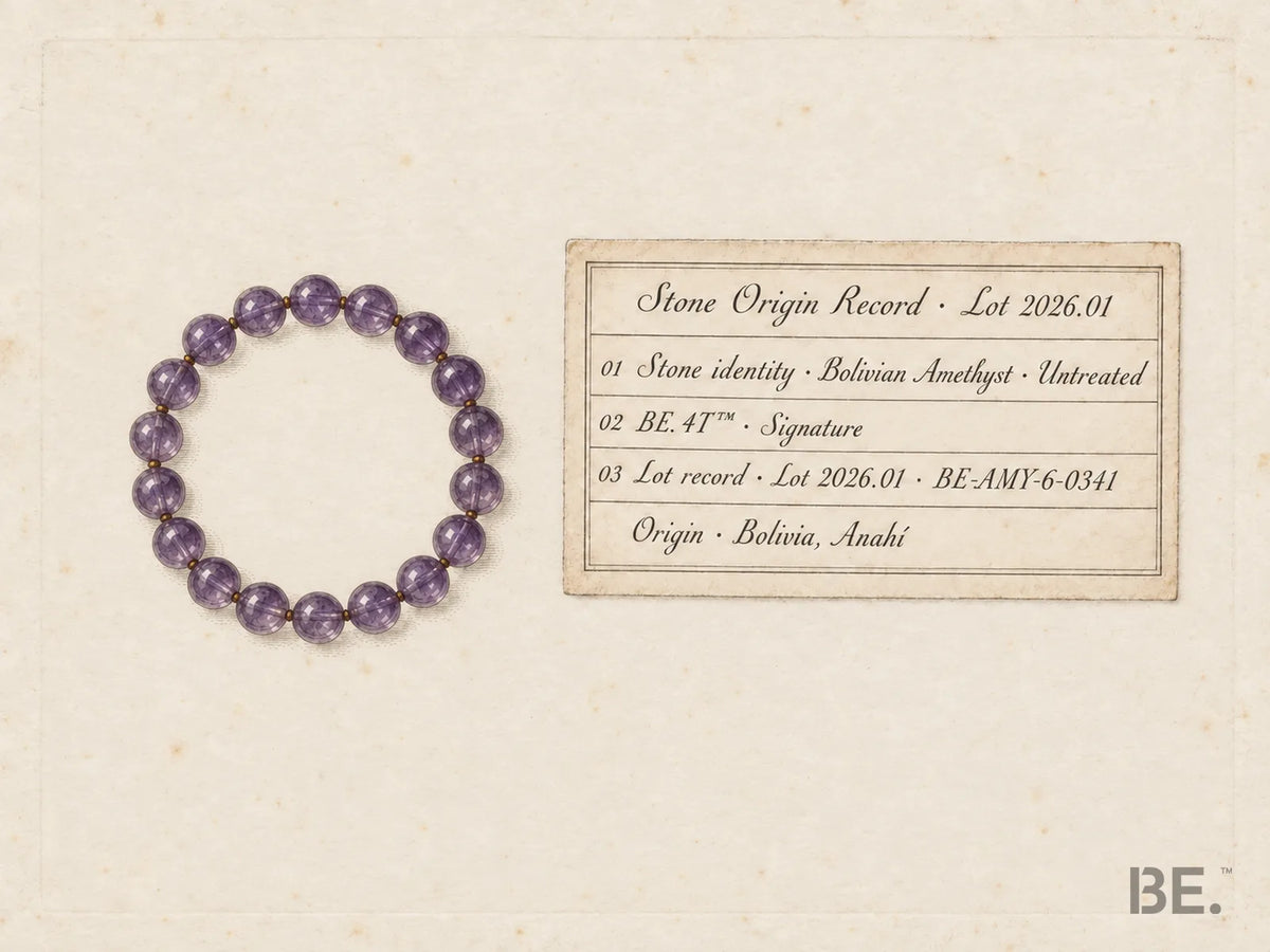 A Stone Origin Record card beside an amethyst bead bracelet, drawn as a mineralogy plate, listing stone identity, BE. 4T tier, lot record and origin