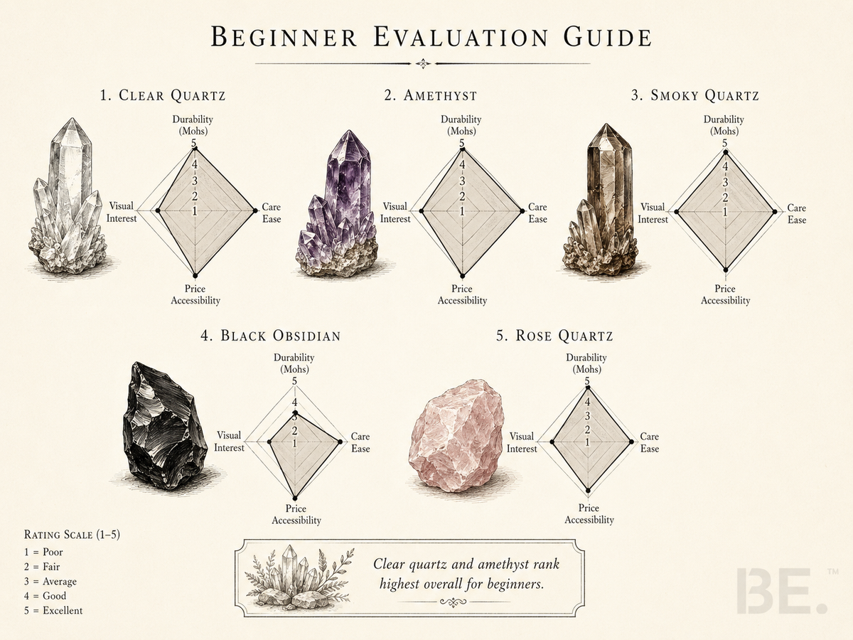 Beginner evaluation chart rating clear quartz, amethyst, smoky quartz, black obsidian and rose quartz