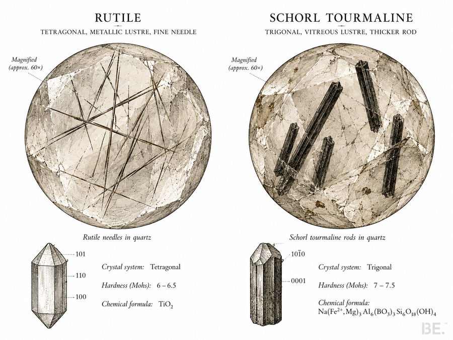 Tourmalinated quartz specimen showing black schorl rods within clear SiO₂ host crystal