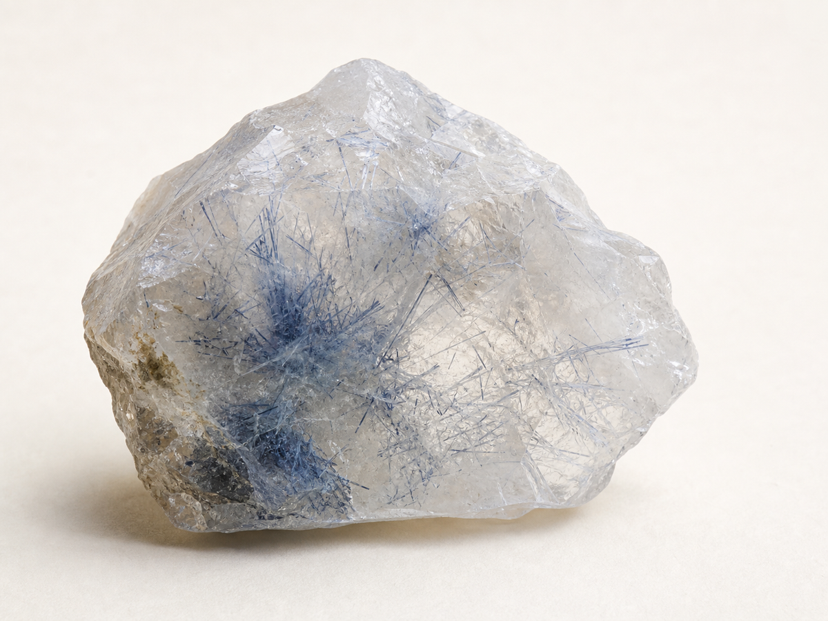 Raw blue needle quartz showing blue needle-like and fibrous inclusions
