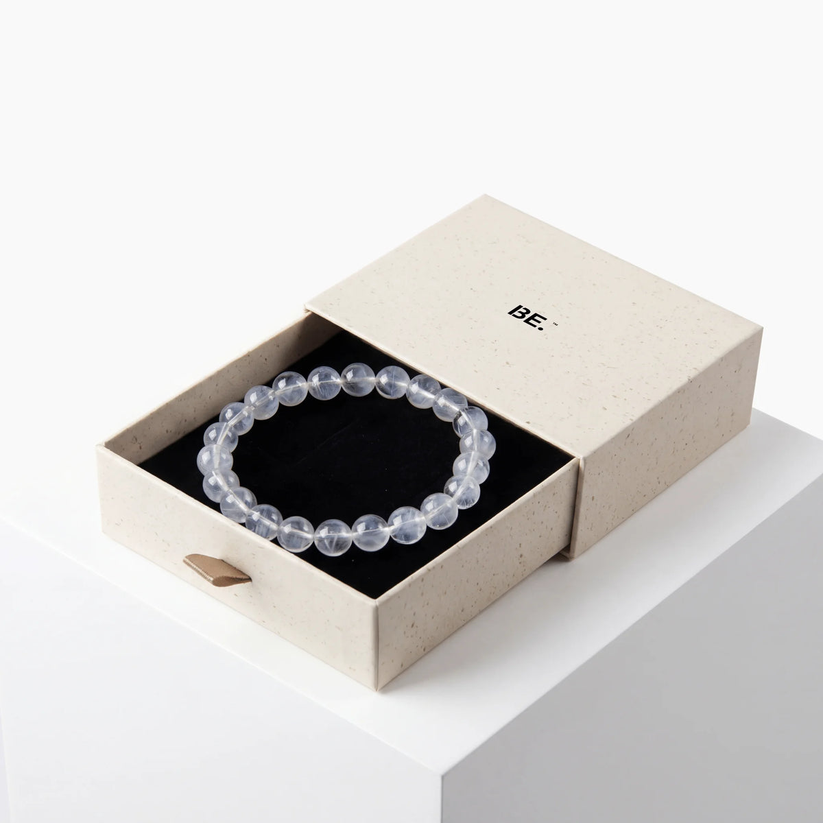 Blue Smoky Quartz Bracelet — Optical Architecture, bracelet on white background, 9mm beads, BE.
