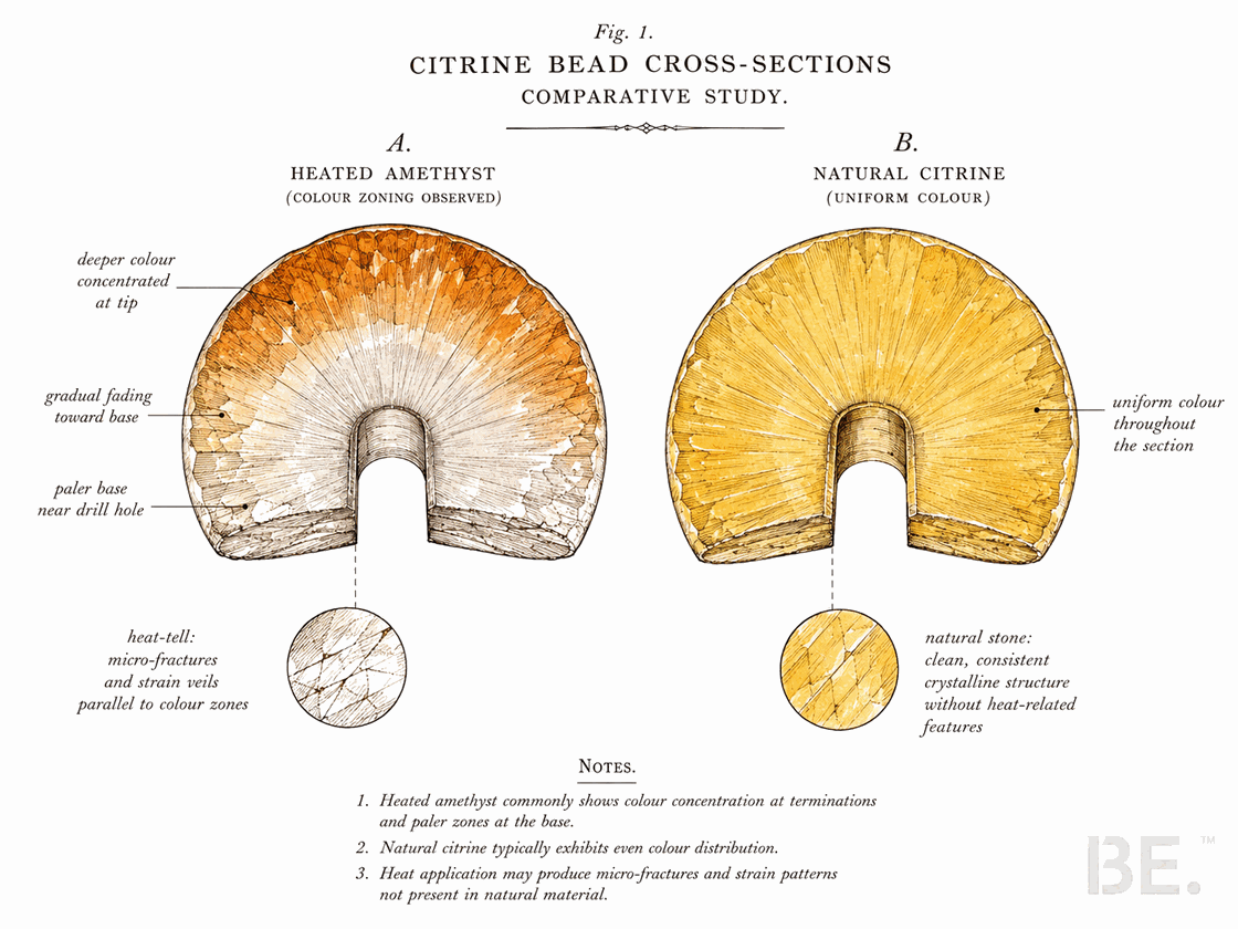 Cross-section of a citrine bead showing colour zoning typical of heated amethyst