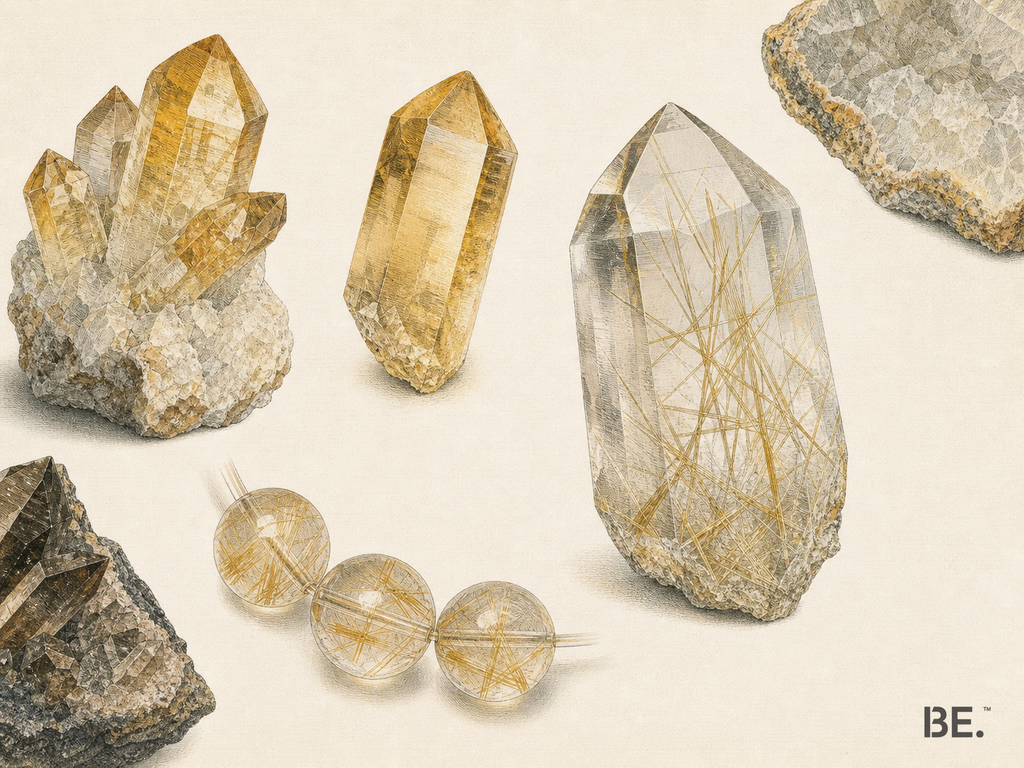 Handkolorierte mineralogische Tafel: gelbe Körperfarbe von Citrin im Vergleich zu goldenen Rutilnadeln in klarem Quarz — BE.