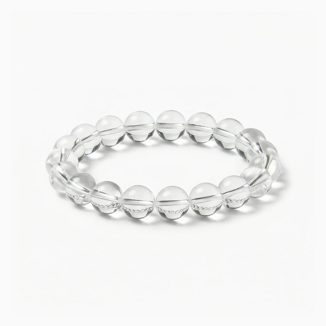 The Clear Quartz Strand — Absolute Clarity, bracelet on white background BE.