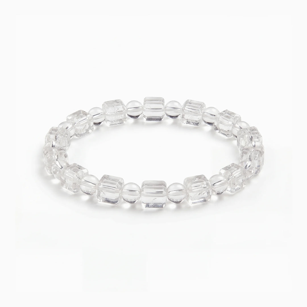 The Clear Quartz Strand — Geometric Sequence, bracelet on white background BE.