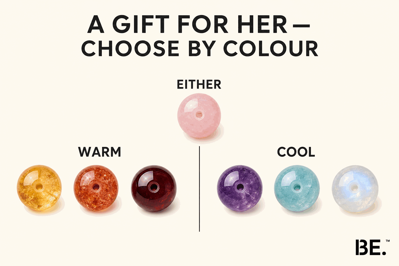 Warm and cool crystal bracelet colours for gifting her — citrine and garnet against amethyst, aquamarine and moonstone — BE.