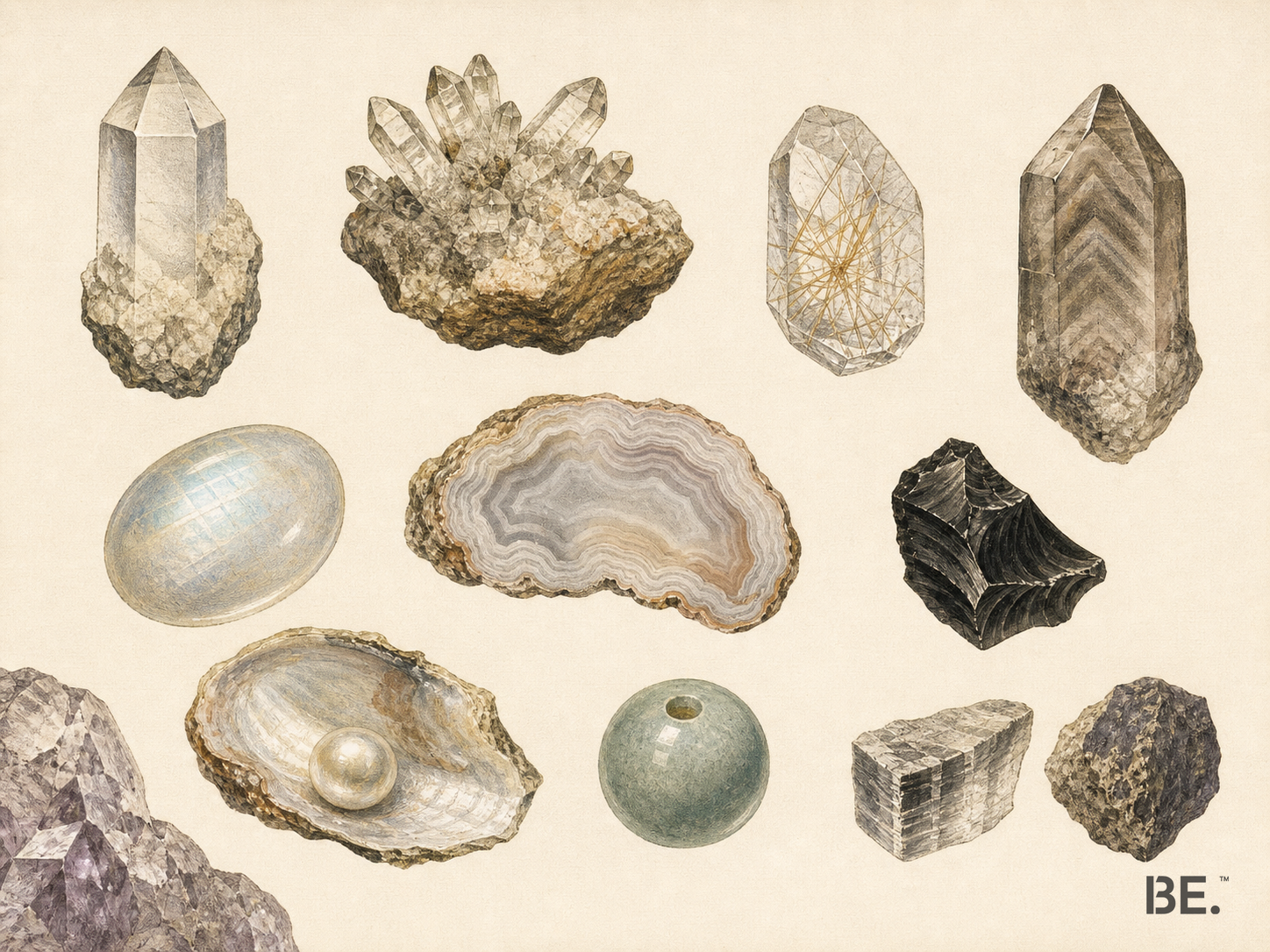 Handkolorierte Tafel zum Lesen von Mineral, Struktur, Optik, Haltbarkeit und Offenlegungsmerkmalen — BE.