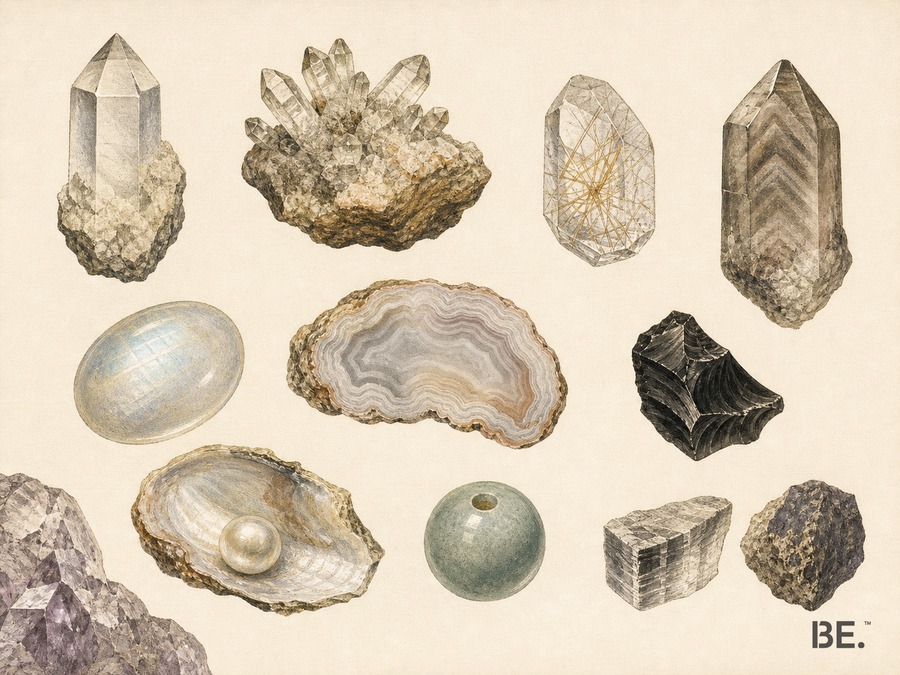 Handkolorierte Tafel zum Lesen von Mineral, Struktur, Optik, Haltbarkeit und Offenlegungsmerkmalen — BE.