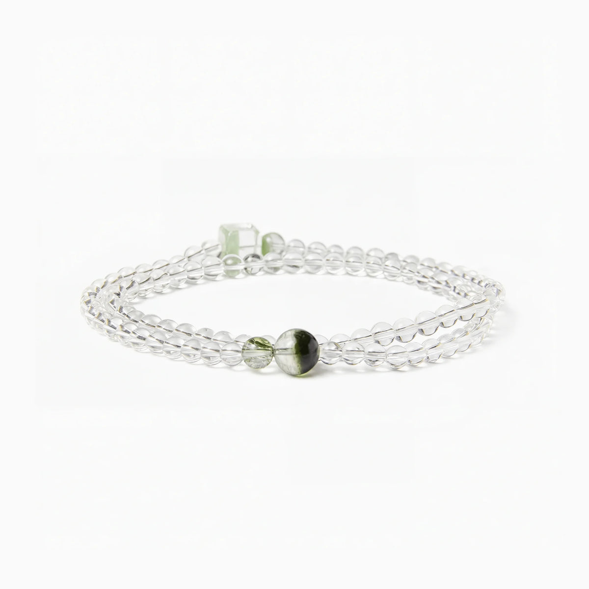 The Emerald Phantom Sequence — Tri-Wire Architecture, bracelet on white background, 11mm beads, BE.