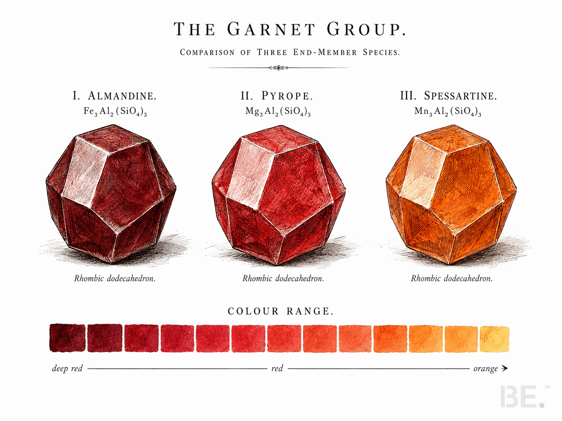 Garnet group chart: almandine, pyrope and spessartine with formulae and colours