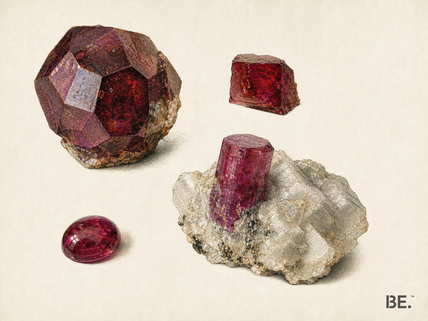 Hand-coloured mineralogical plate comparing garnet and ruby specimens with overlapping visible red colour — BE.