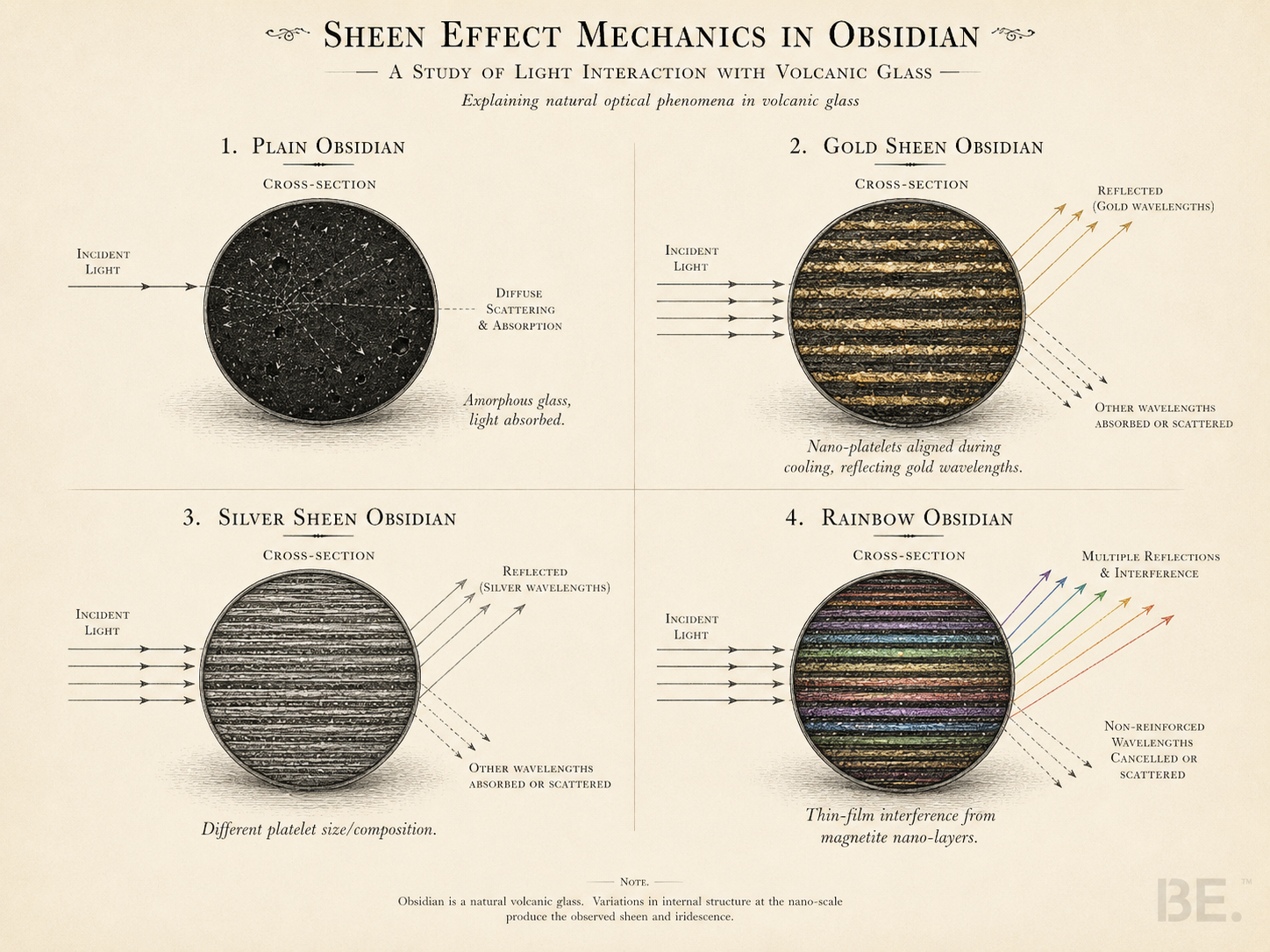 Goldglanz-Obsidian und schwarzer Obsidian im Vergleich — Vulkanglas mit und ohne Magnetit-Nanoeinschlüsse