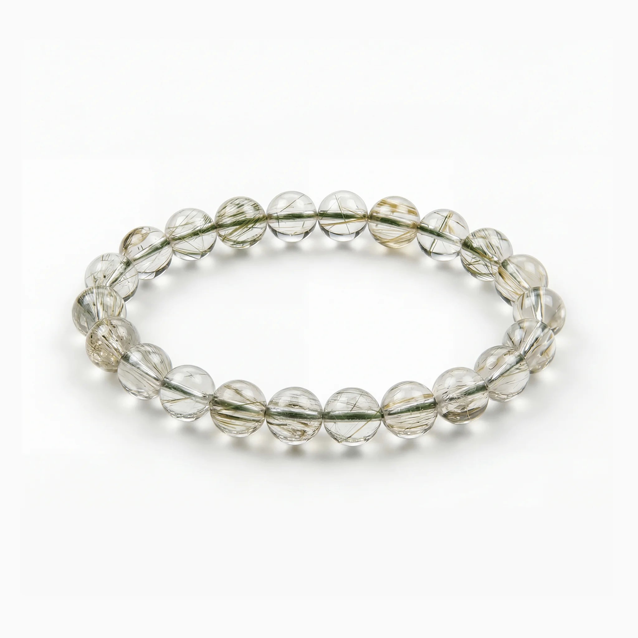 The Green Rutile Strand — Mineral Suspension, bracelet on white background BE.
