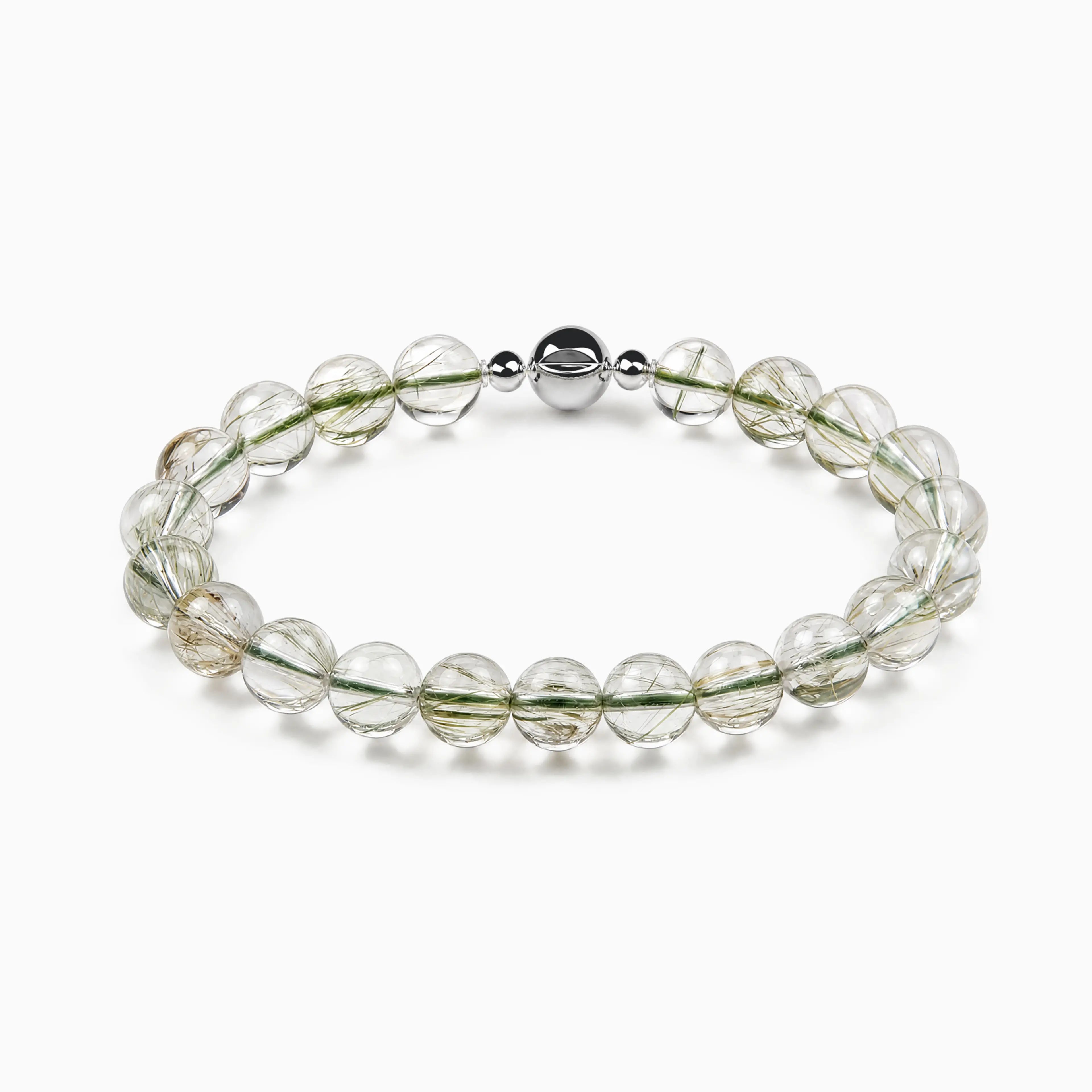 Mineral Suspension — green rutilated quartz bracelet on white background, 8mm beads, BE.