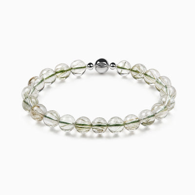 Mineral Suspension — green rutilated quartz bracelet on white background, 8mm beads, BE.
