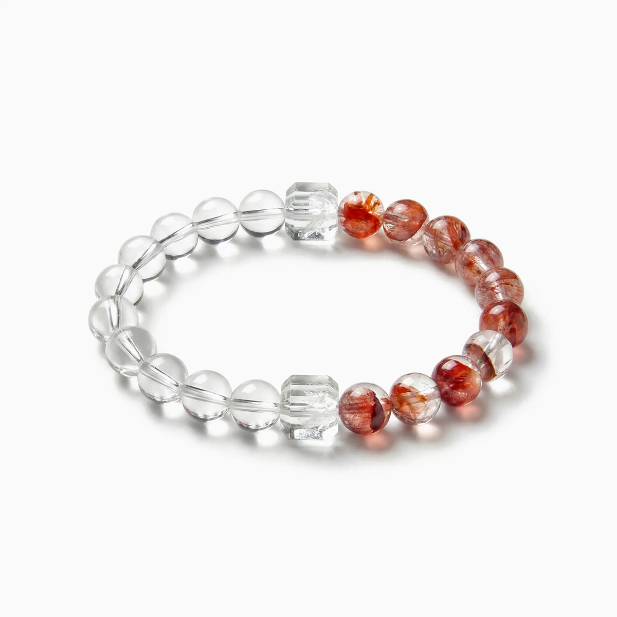 The Hematoid Strand — Iron & Silica, bracelet on white background, 8mm beads, BE.