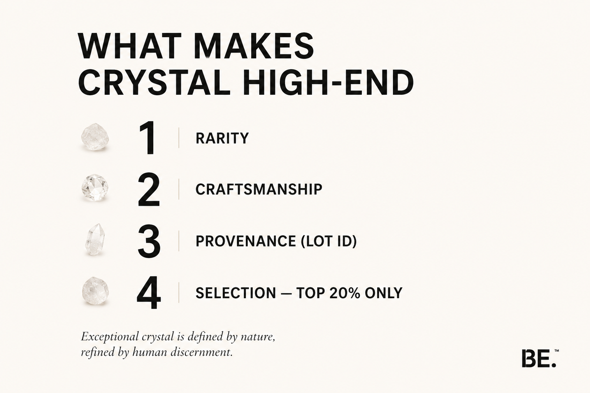 What makes crystal jewellery high-end — rarity, craftsmanship, provenance and selection. BE.