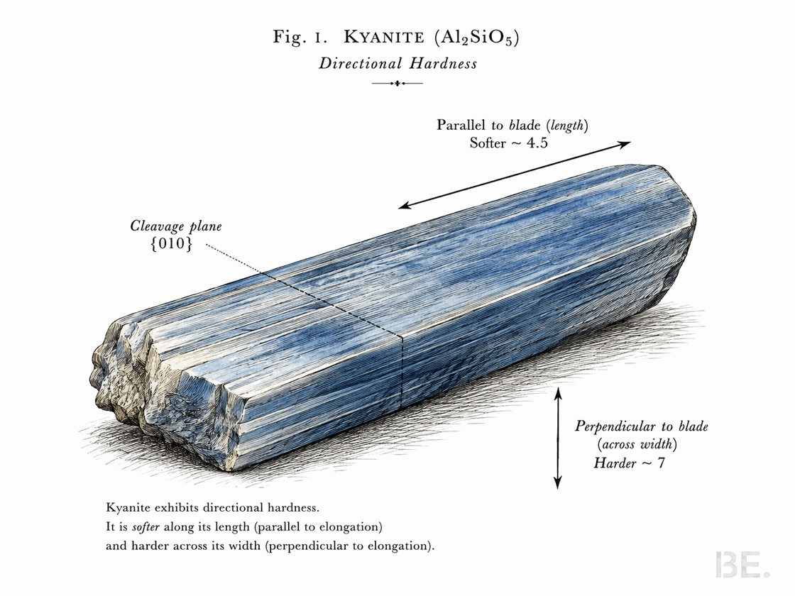 Diagram of kyanite directional hardness, softer along the blade and harder across it