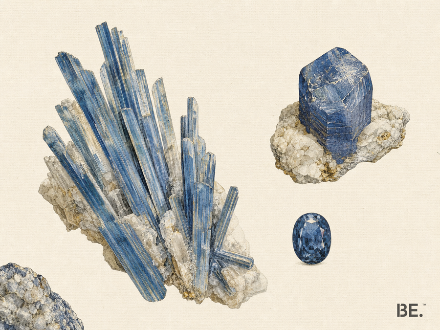 Handkolorierte mineralogische Tafel mit blauem blättrigem Kyanit und kompaktem Korund-Saphir — BE.