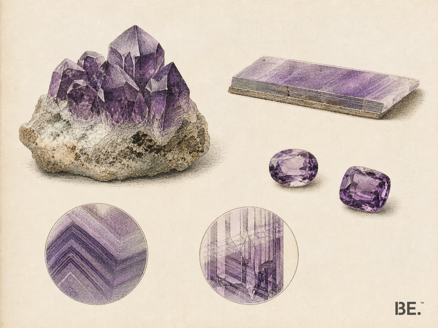 Handkolorierte mineralogische Tafel mit natürlichem Amethystwachstum und Kontext synthetischer Quarzzüchtung; kein visueller Identifikationstest — BE.