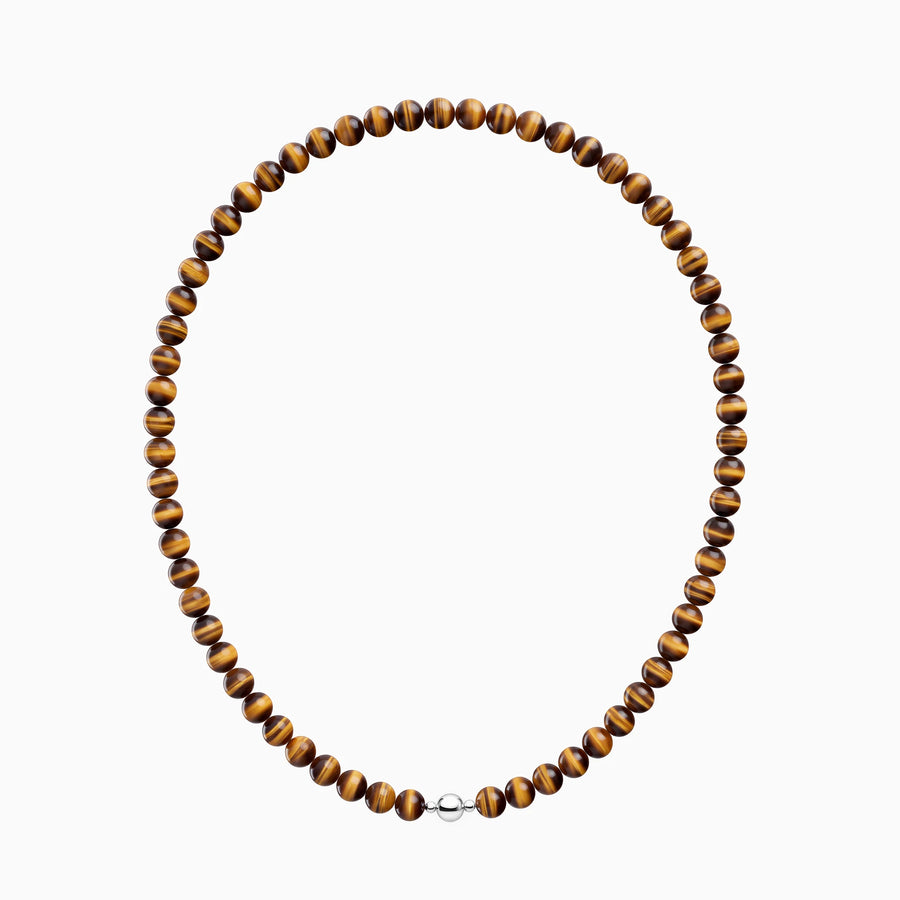 Golden tiger’s eye 8mm bead necklace, full front view with a silver-coloured magnetic clasp.