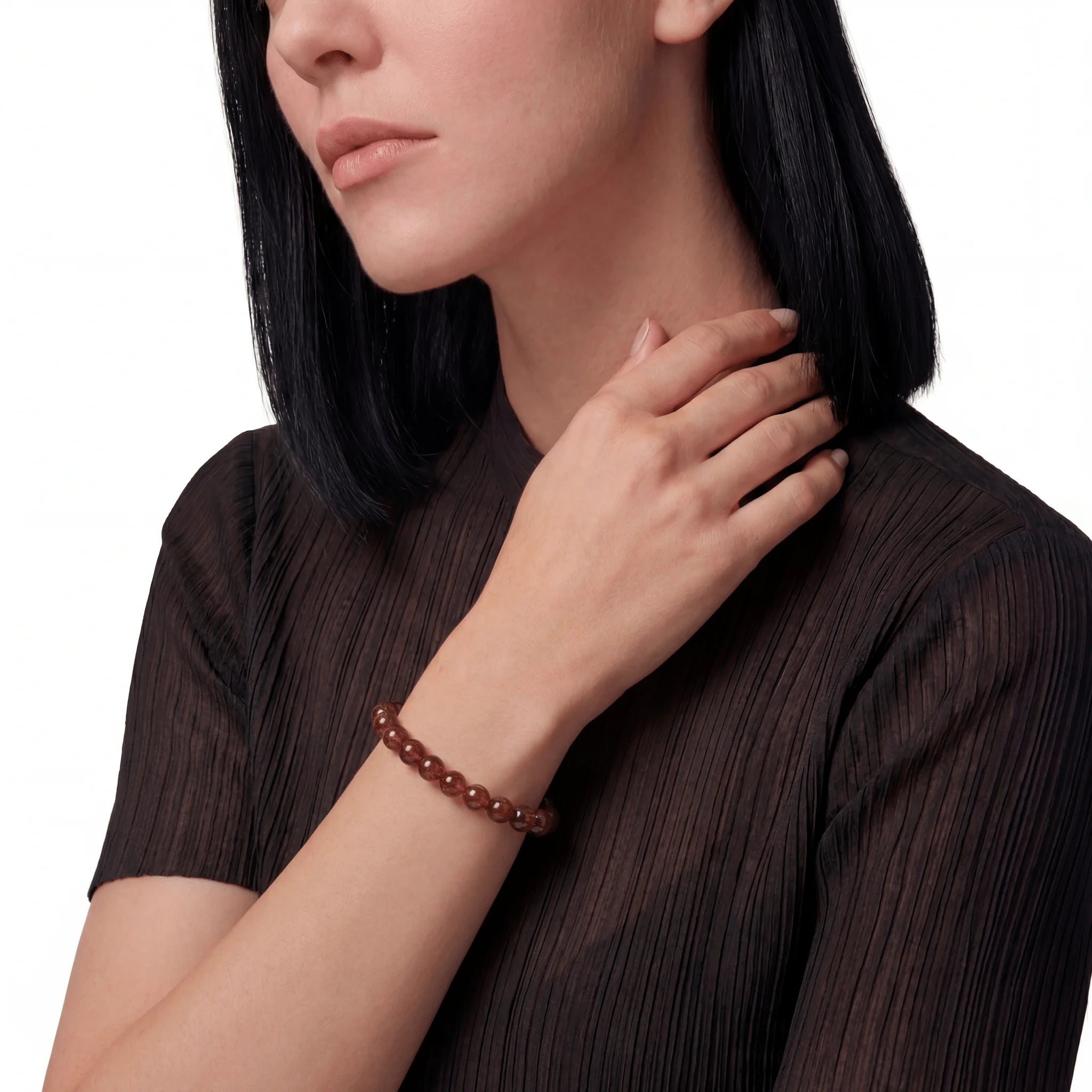 The Mineral Matrix Strand — Geological Fusion, bracelet on wrist, lifestyle model photo BE.
