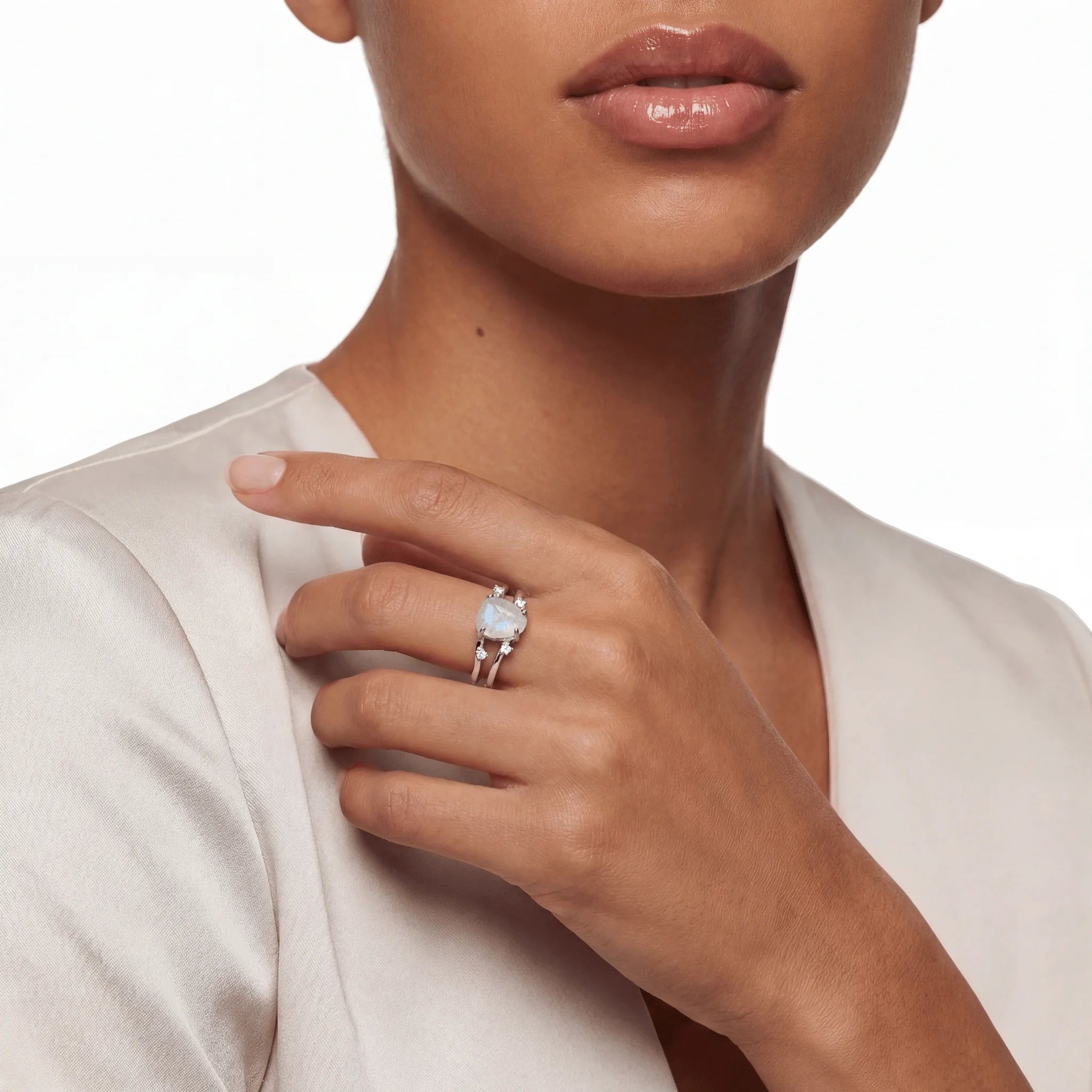 The Moonstone Fragment, ring on finger, lifestyle model photo BE.