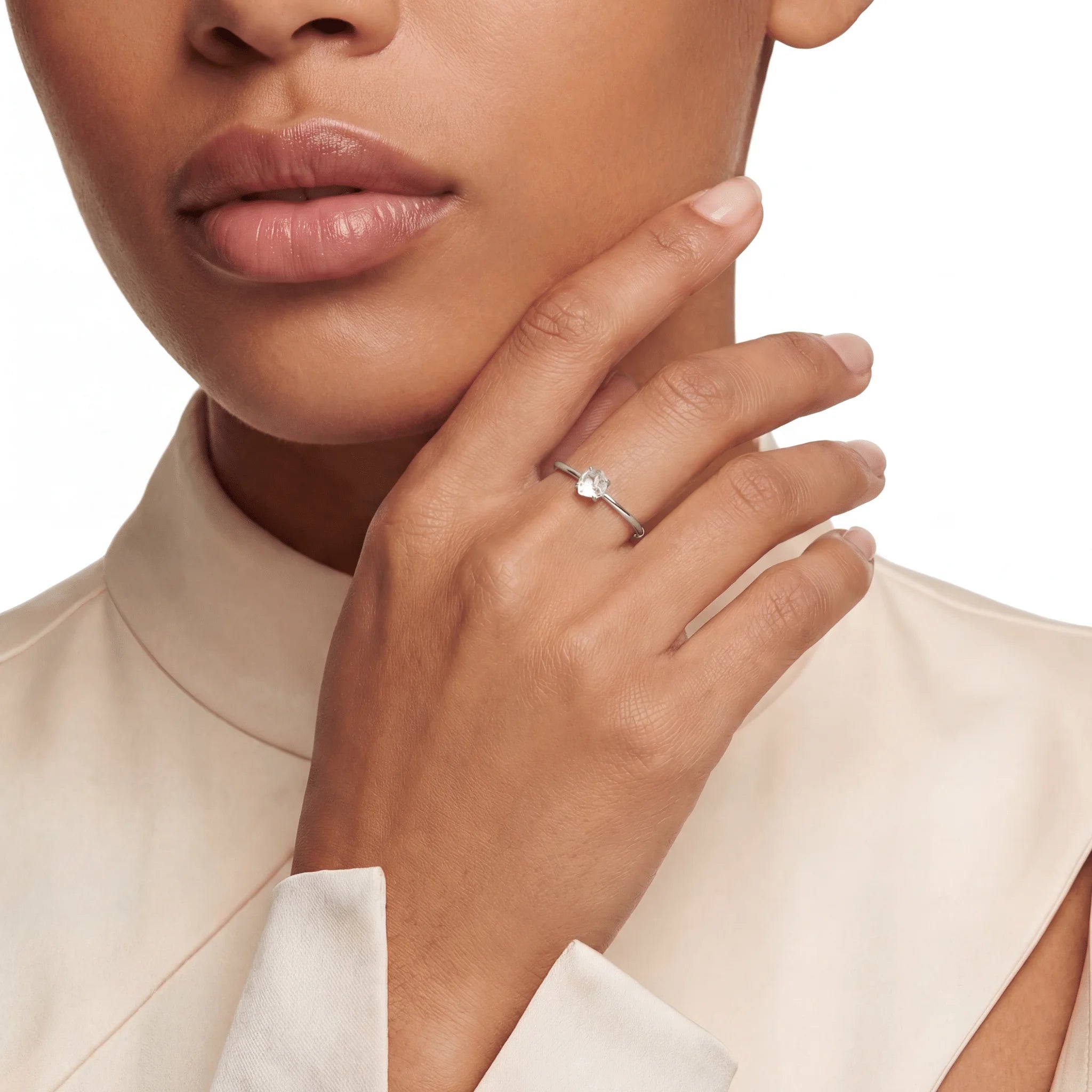 The Moonstone Monolith Ring, ring worn on finger, lifestyle model photo BE.