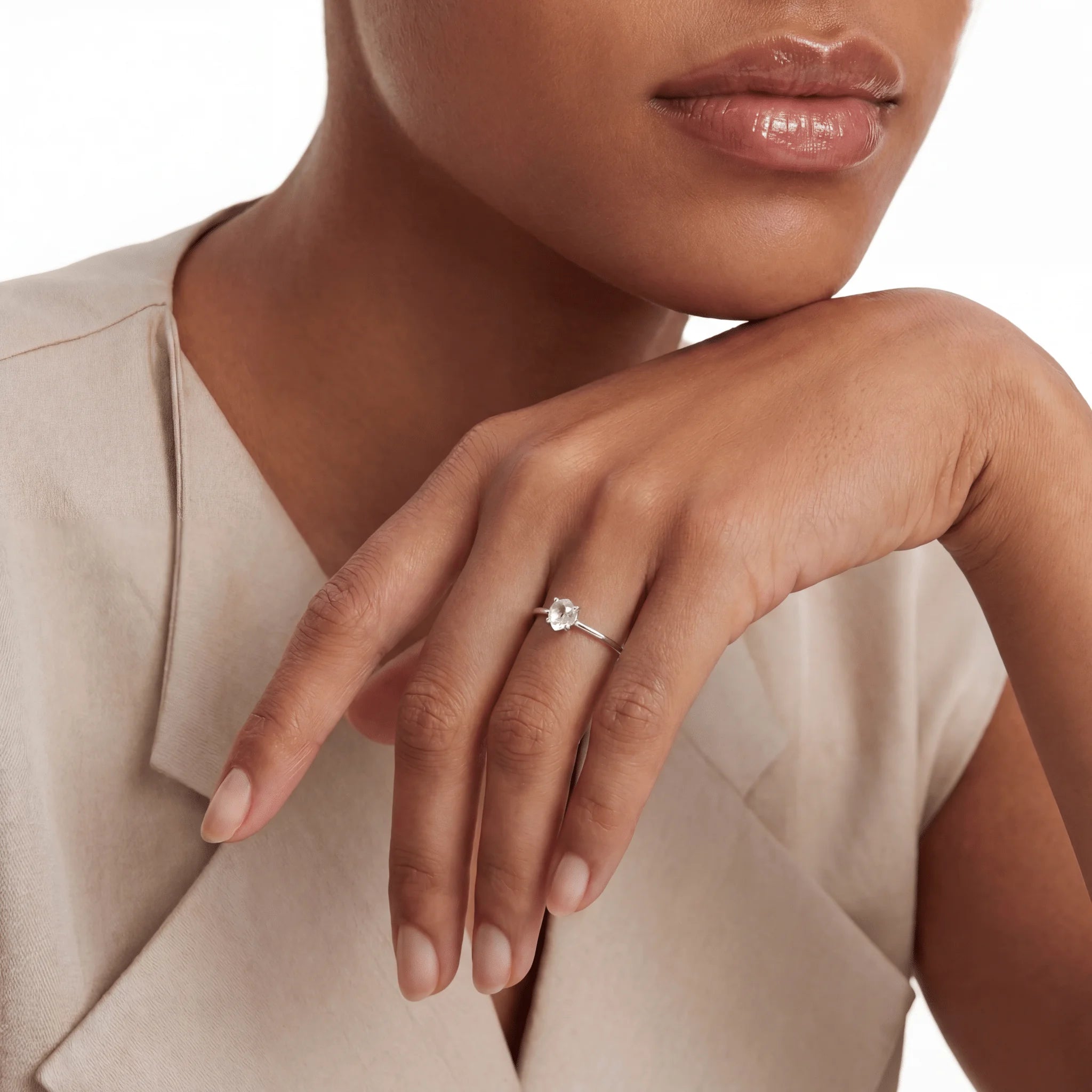 The Moonstone Monolith Ring, ring on finger, lifestyle model photo BE.