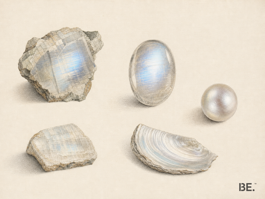 Handkolorierte mineralogische Tafel: Adulareszenz von Mondstein im Vergleich zum Perlmuttglanz von Perlen — BE.
