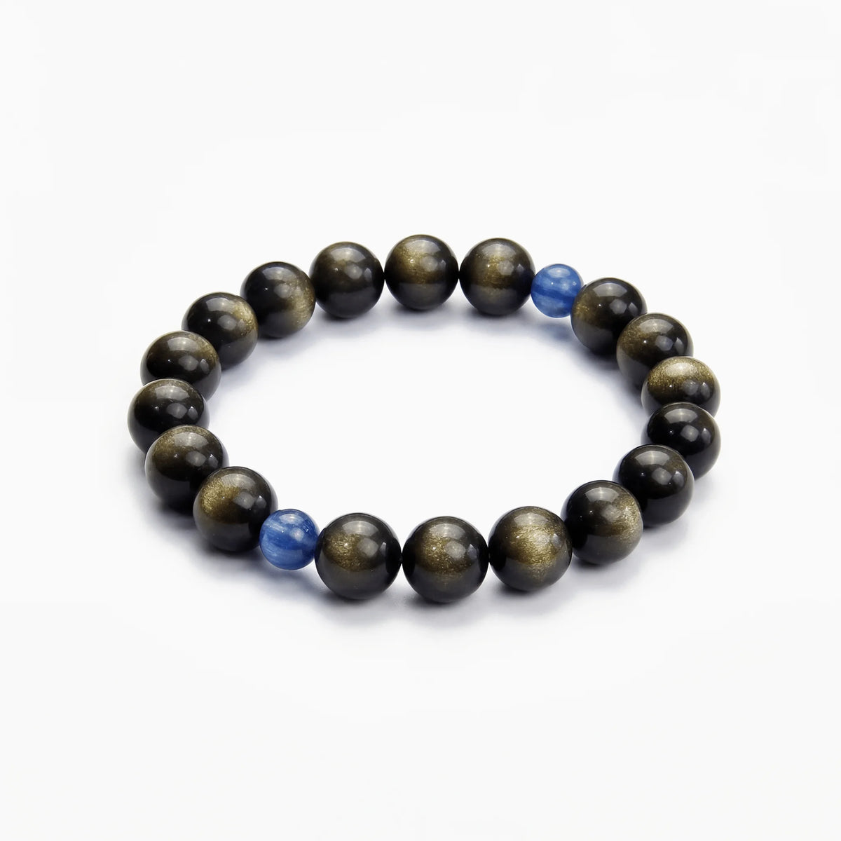 The Obsidian Strand — Cyan Hemisphere, bracelet on white background, 10mm or 8mm beads, BE.