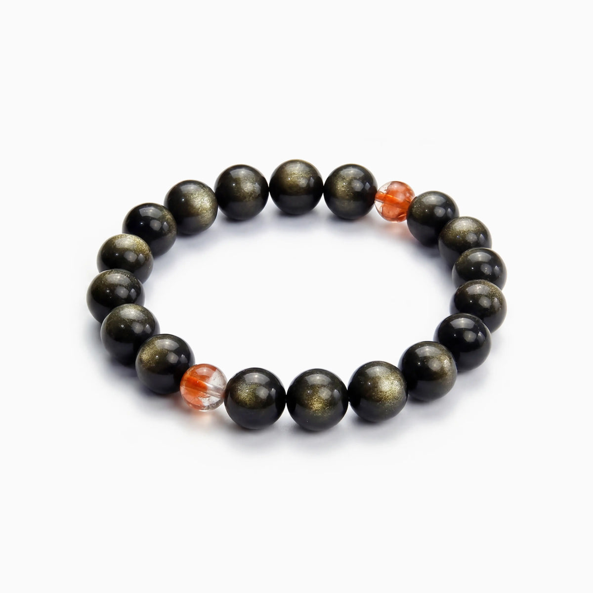 The Obsidian Strand — Iron Hemisphere, bracelet on white background, 10mm or 8mm beads, BE.