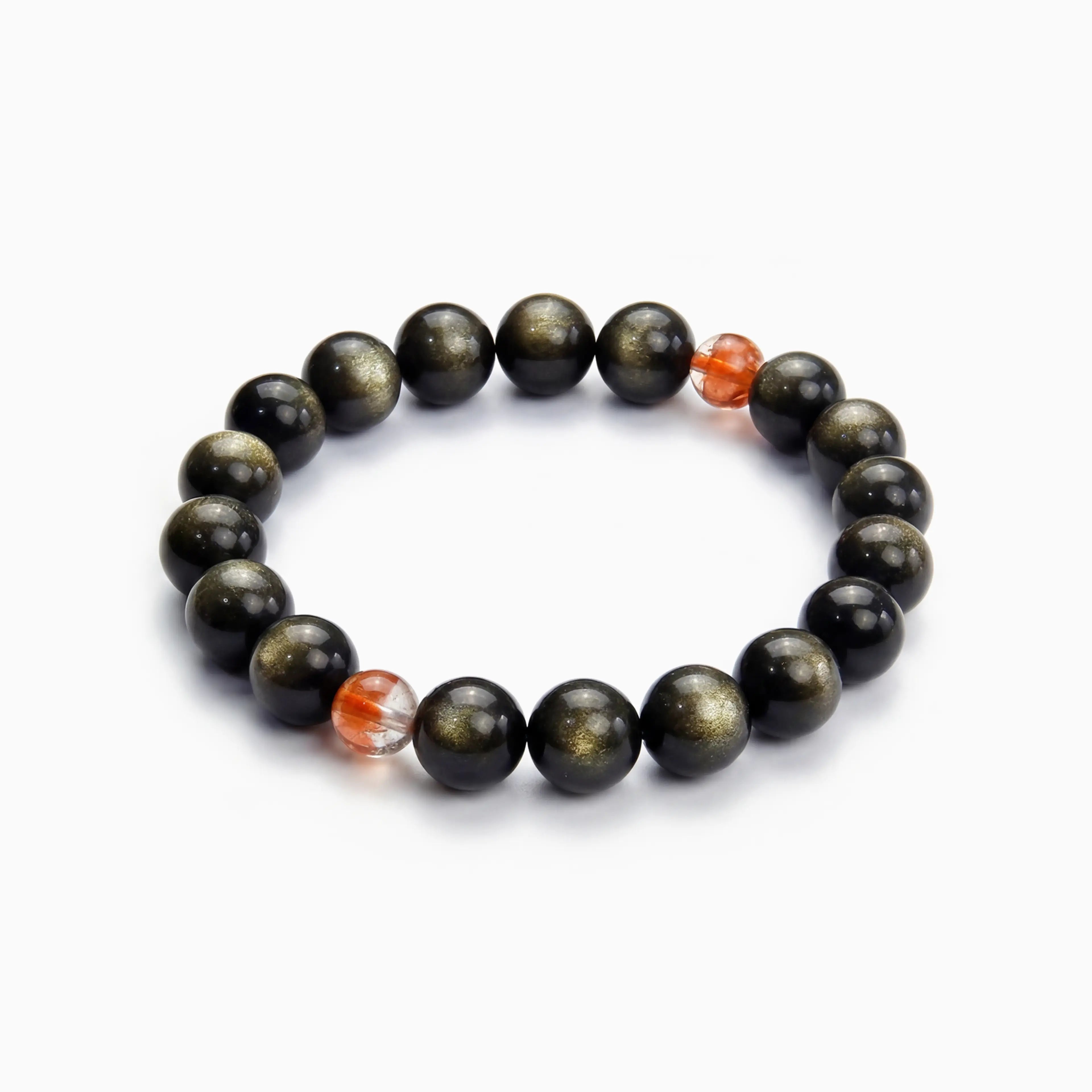 The Obsidian Strand — Iron Hemisphere, bracelet on white background, 10mm or 8mm beads, BE.