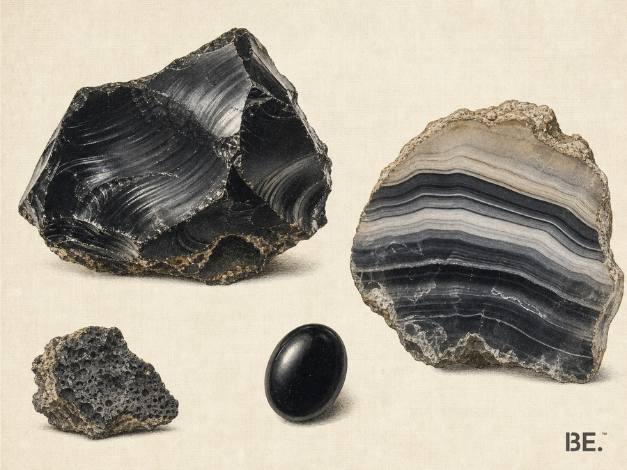 Handkolorierte mineralogische Tafel mit glasigem Obsidian und parallel gebändertem Onyx-Chalcedon — BE.