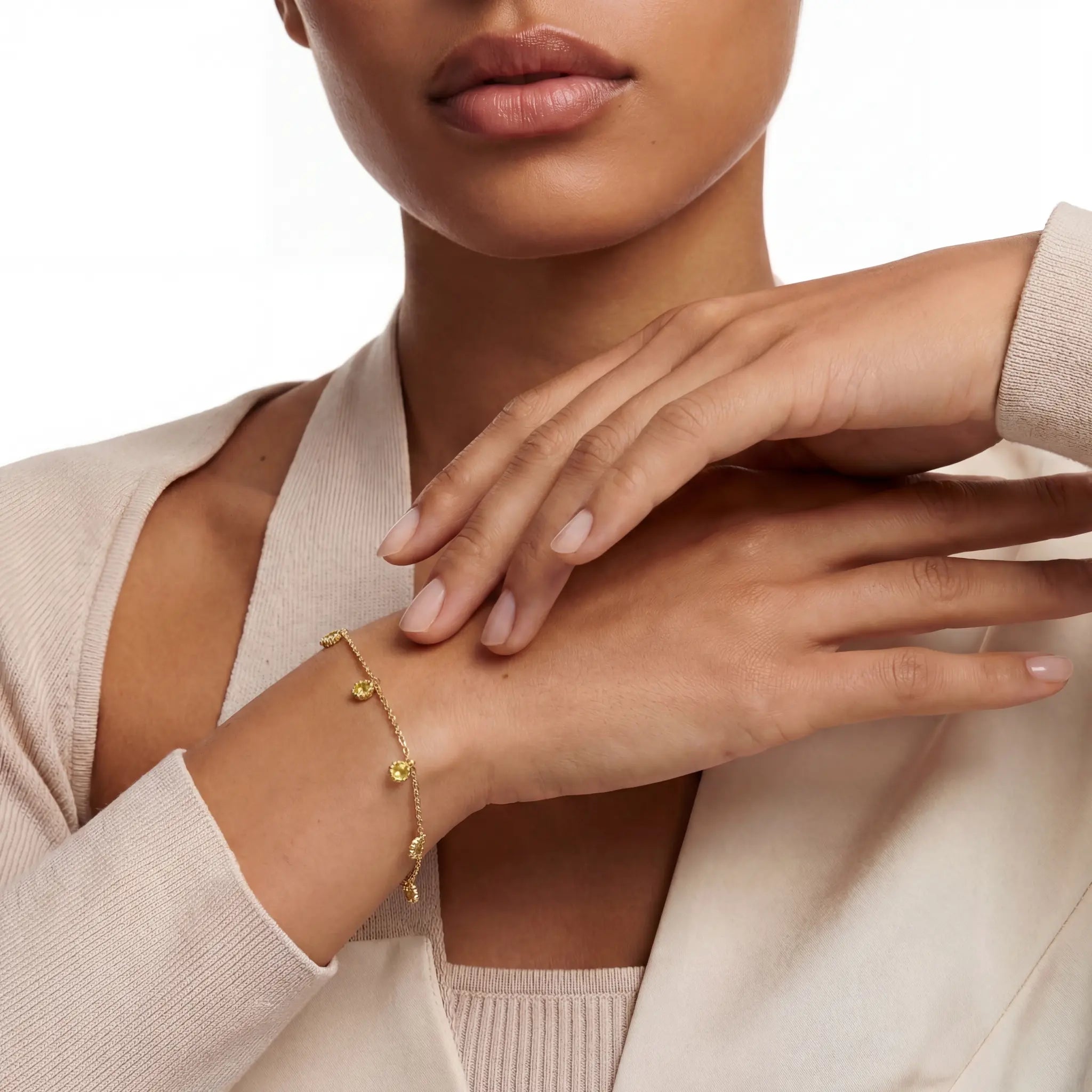 The Peridot Sequence, bracelet worn on wrist, lifestyle model photo BE.