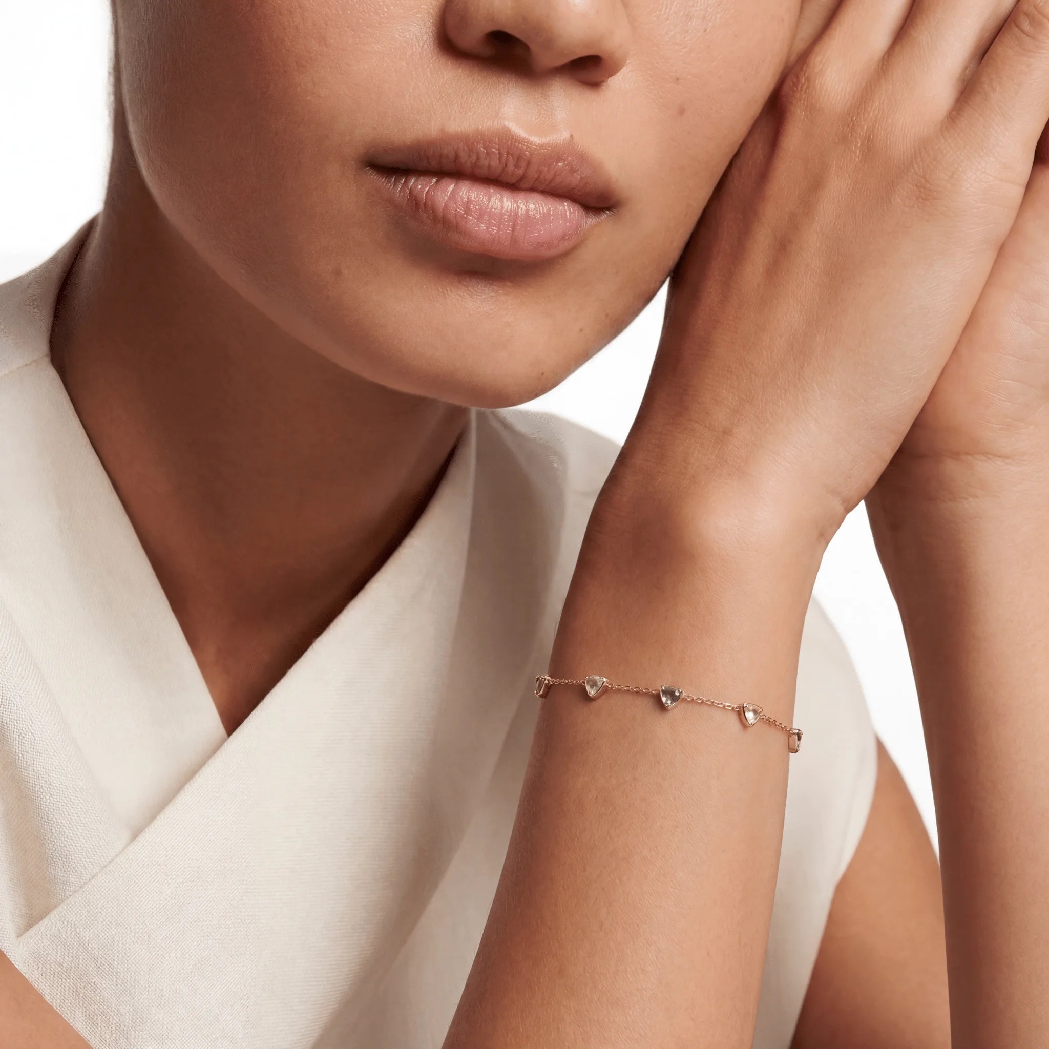 The Peridot Trio Bracelet, bracelet worn on wrist, lifestyle model photo BE.