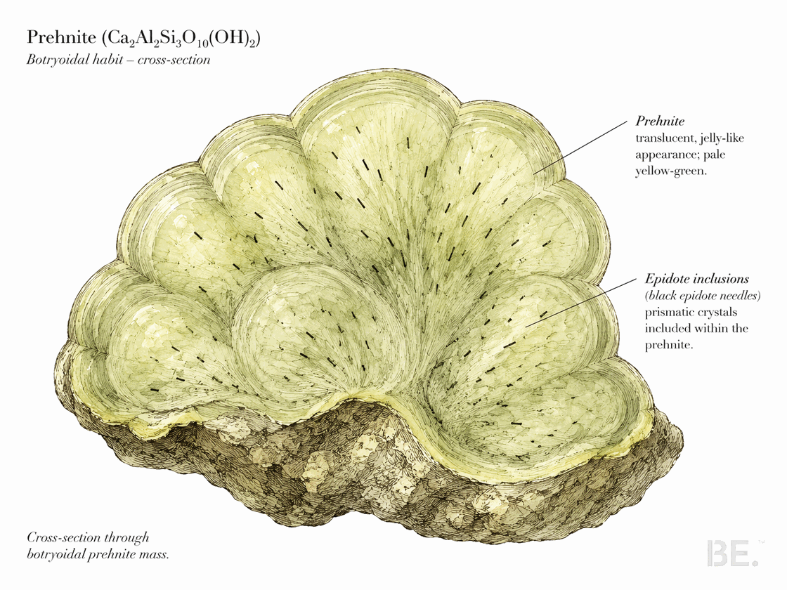 Cross-section of botryoidal prehnite showing translucent interior and epidote inclusions
