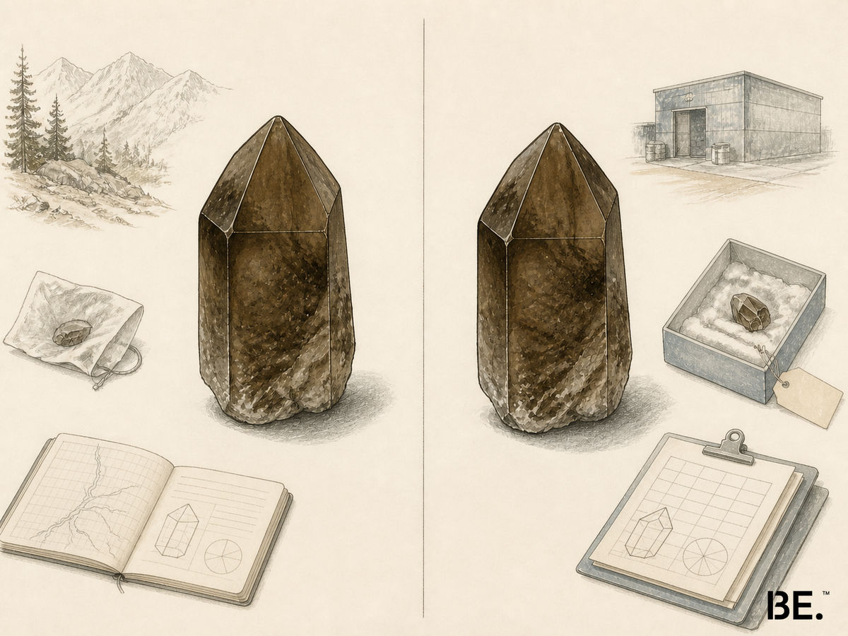 Scientific illustration showing identical smoky quartz appearances beside separate provenance and treatment-record contexts