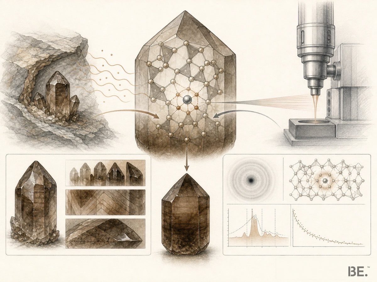 Diagram showing natural and controlled irradiation leading to the same smoky colour-centre system in quartz, with appearance separated from documentary evidence