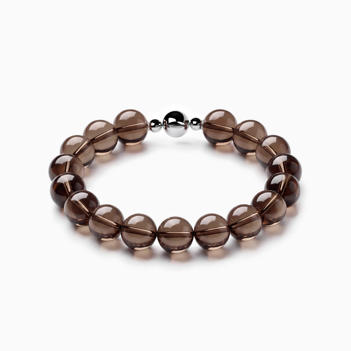 Smoky Quartz Strand Bracelet with translucent brown beads and a polished silver-coloured magnetic clasp on a white background.