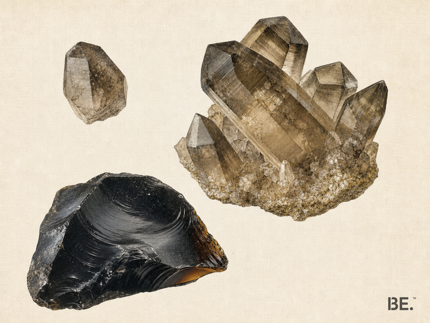 Hand-coloured mineralogical plate comparing crystalline smoky quartz with volcanic glass obsidian — BE.