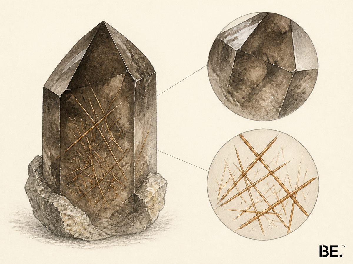Scientific illustration separating a smoky quartz host from its needle-like rutile inclusions as two evidence layers