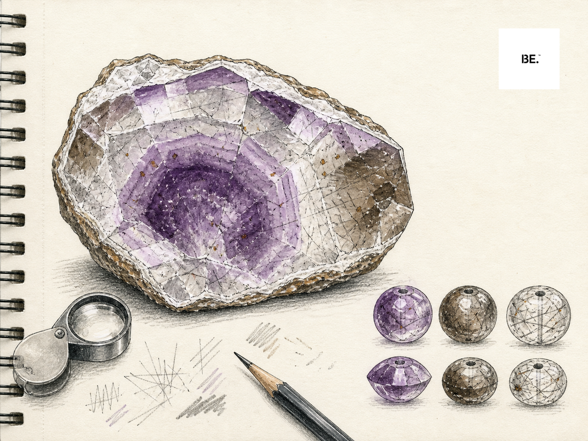 Hand-drawn mineralogical evidence figure showing a quartz host with violet zones, smoky areas and inclusion textures; not a laboratory identification