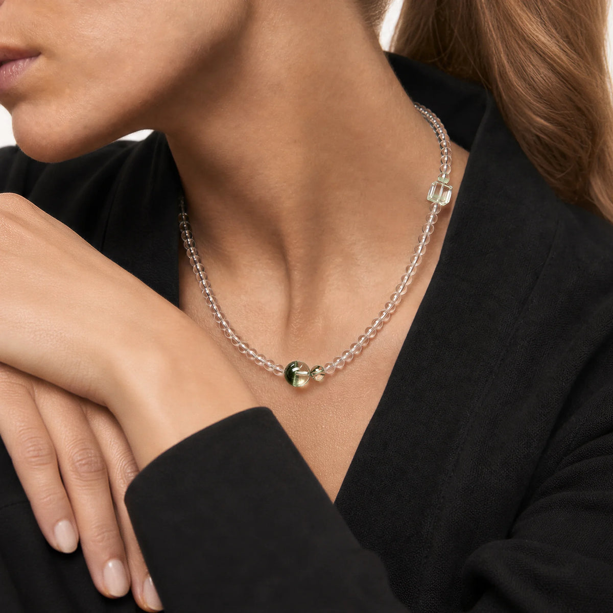 The Emerald Phantom Bracelet - Tri-Wire Architecture styled at the collarbone, BE.