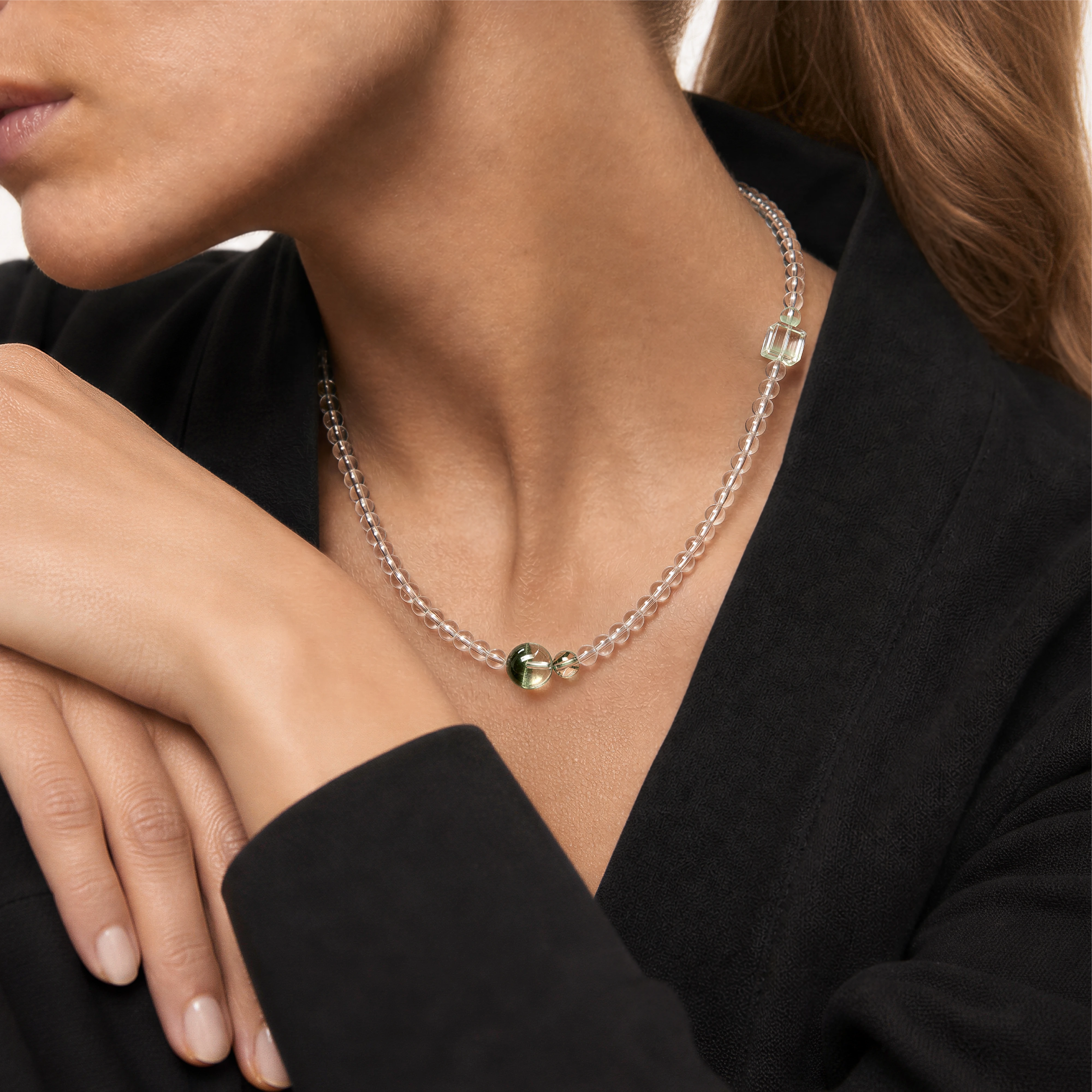 The Emerald Phantom Bracelet - Tri-Wire Architecture styled at the collarbone, BE.
